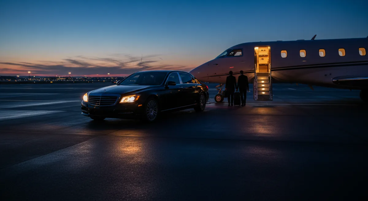 A luxury sedan waiting for a passenger by a private jet on the tarmac at dusk.