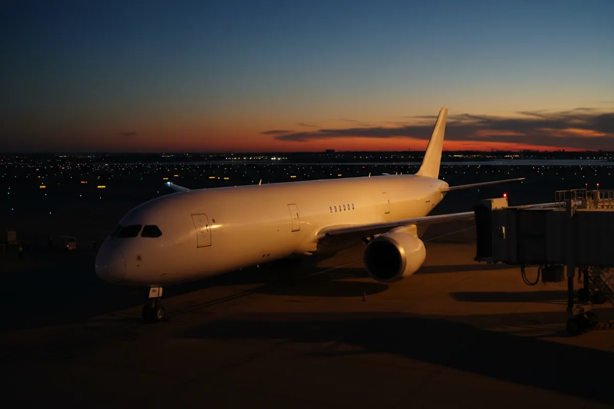 A plain white long-haul airliner parked at a JFK Airport gate at sunrise.