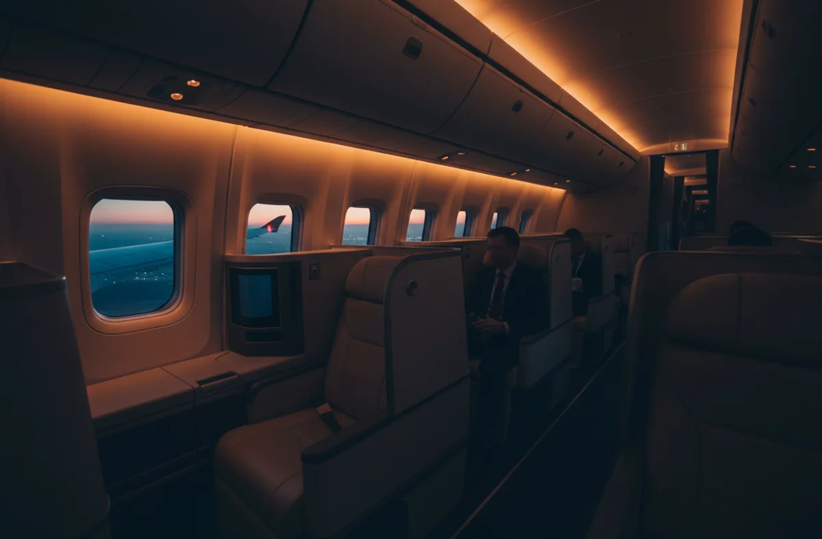 The interior of a luxurious first-class airplane cabin at twilight.