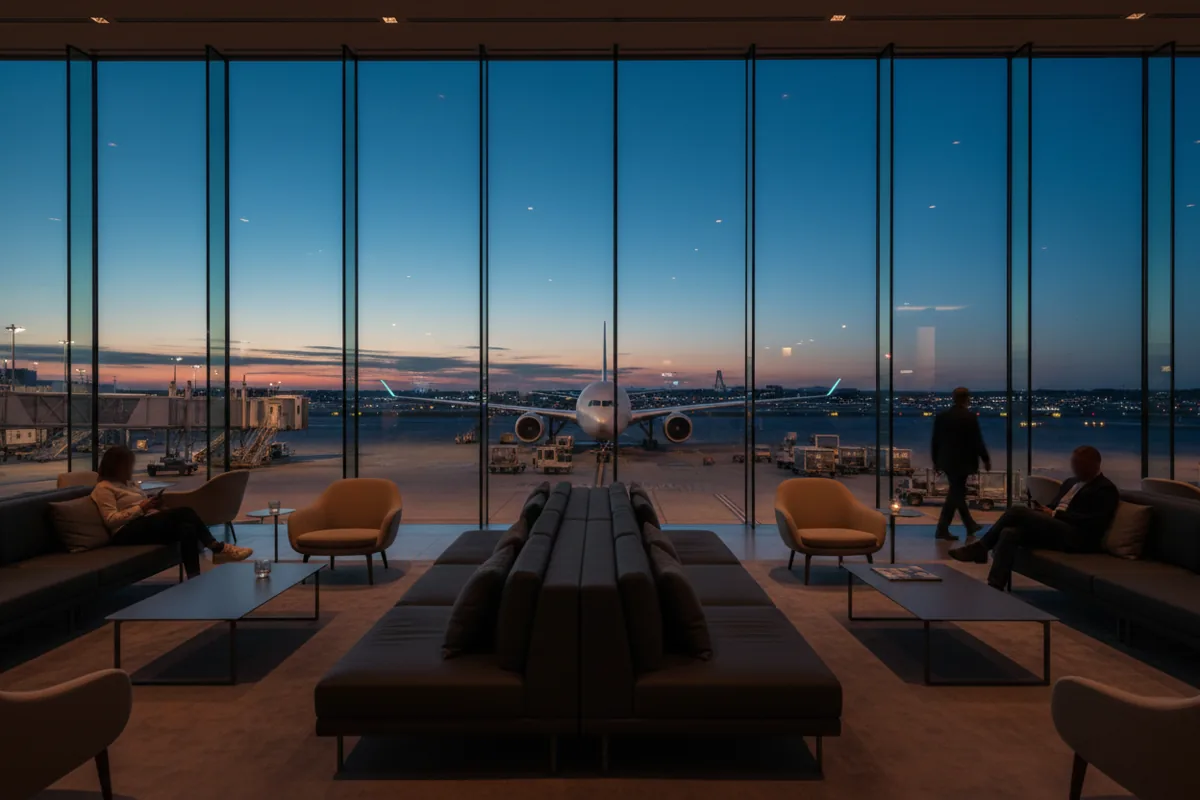 A modern, empty airport lounge at night with a view of an airplane at the gate.