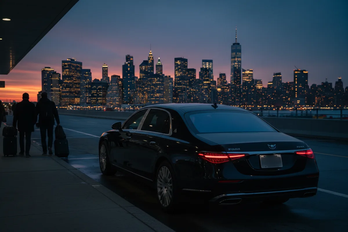 A luxury car waiting at an airport curb at night, with a city skyline visible in the distance.