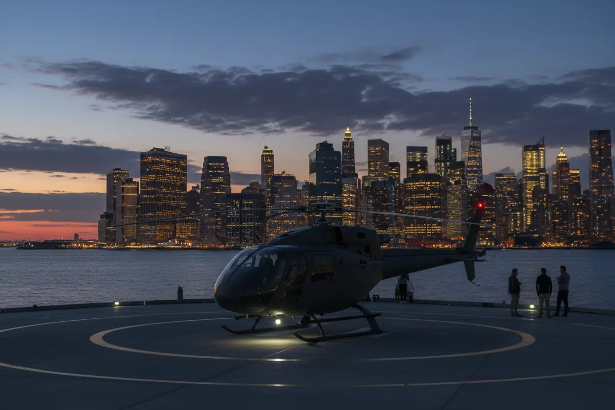 A helicopter on a helipad at dusk, with the Lower Manhattan skyline visible across the water.