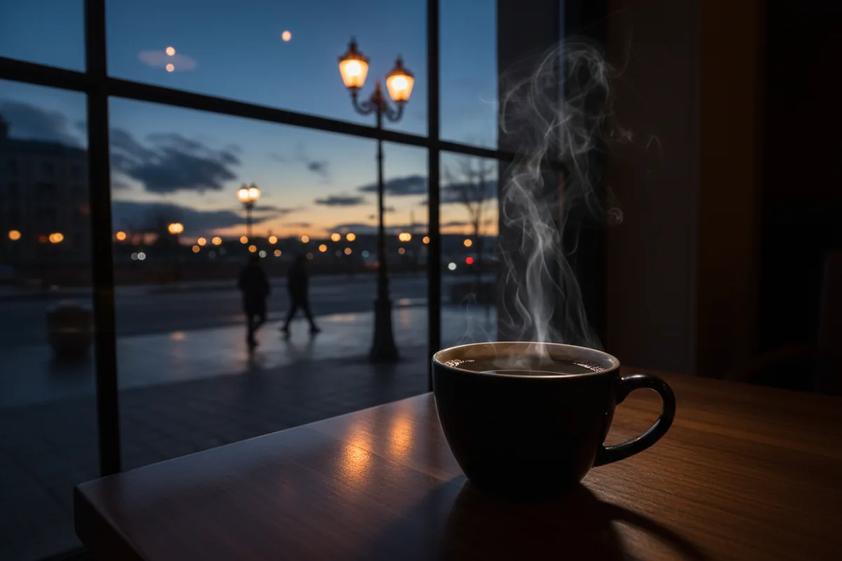 A cup of coffee on a table by a window looking out onto a city street at dawn.