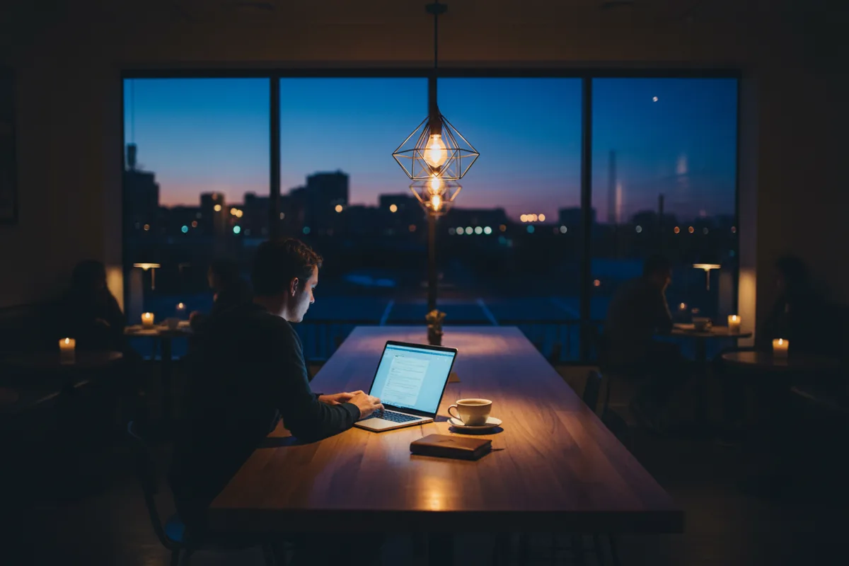 A person works on a laptop in a stylish, dimly lit coffee shop in the evening.
