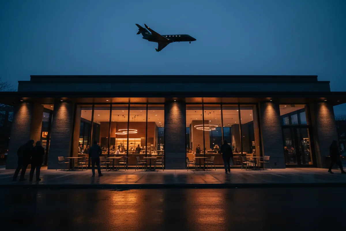 A modern coffee shop glows with warm light at night as a jet flies overhead in the dark sky.