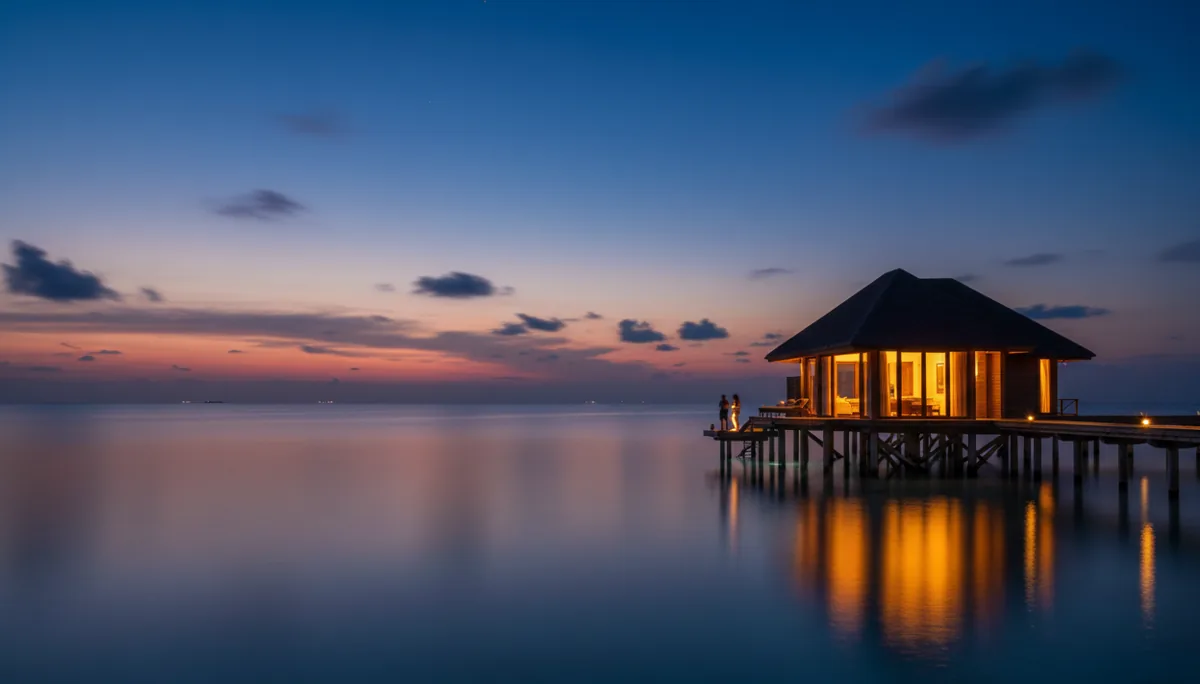 An illuminated overwater bungalow on a calm sea at dusk.