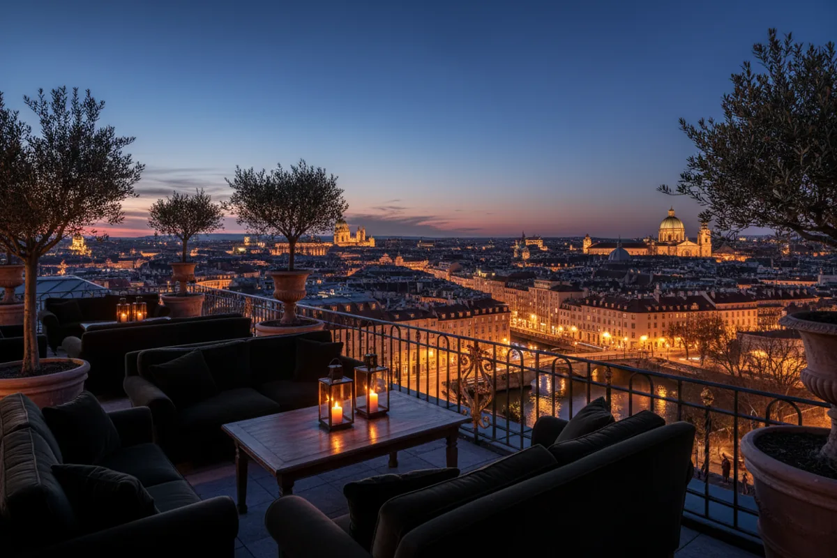 A rooftop terrace with modern furniture overlooking a glowing European city at dusk.