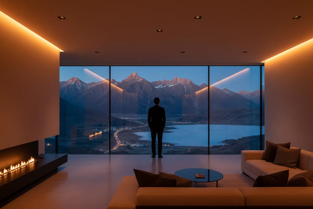 A person looking out a large window at a mountain range from a luxury hotel room at twilight.