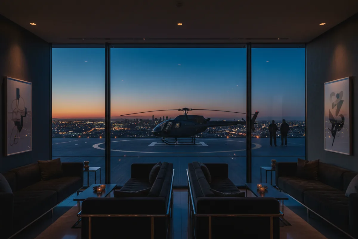 A modern passenger lounge at a heliport with a helicopter visible on the landing pad at dusk.