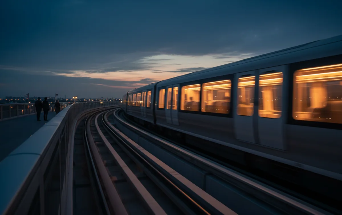 A modern airport train travels on an elevated track at twilight.