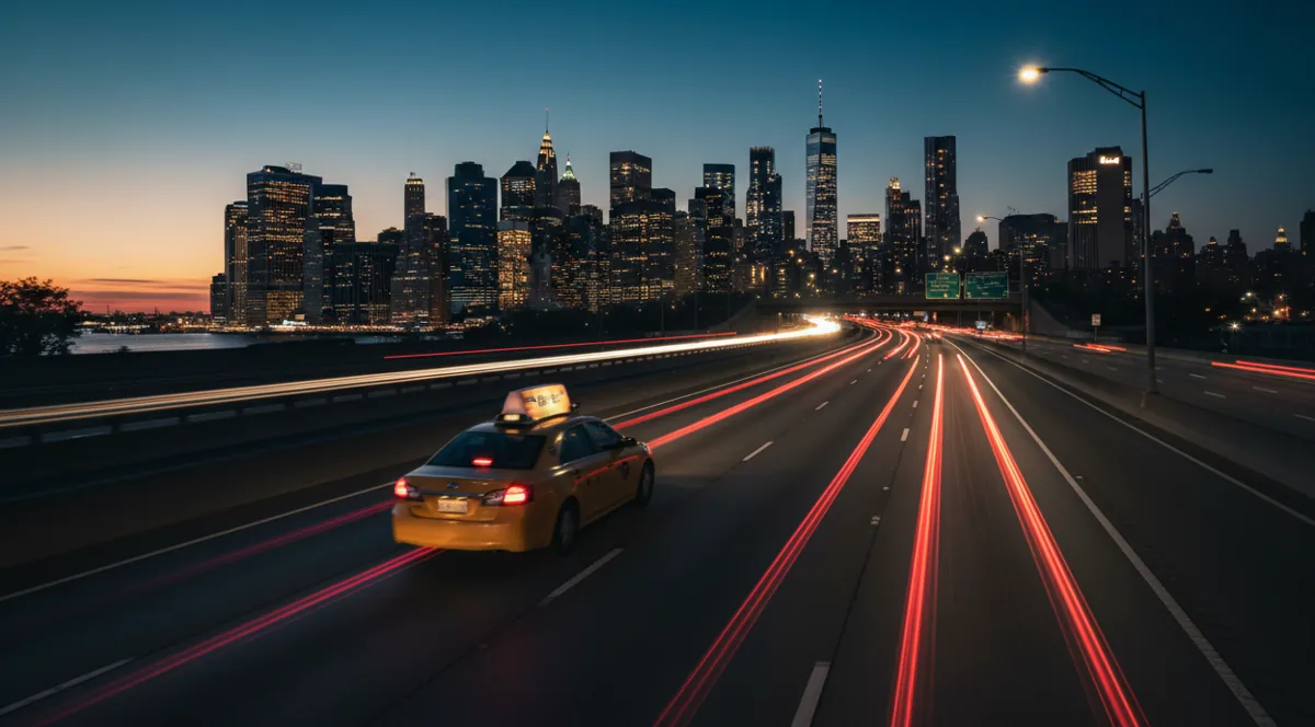 A yellow taxi drives on a highway at night, with the city skyline visible in the distance.