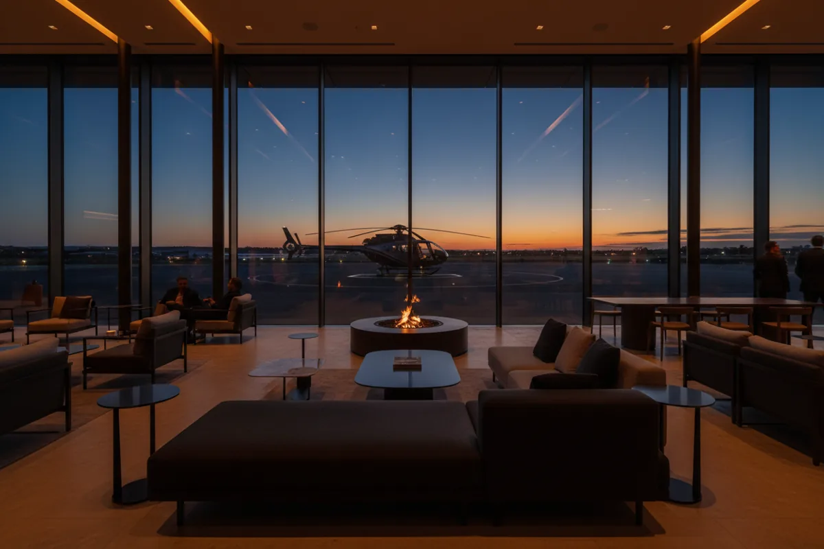 A modern, luxurious passenger lounge with large windows overlooking a helicopter on a tarmac at dusk.