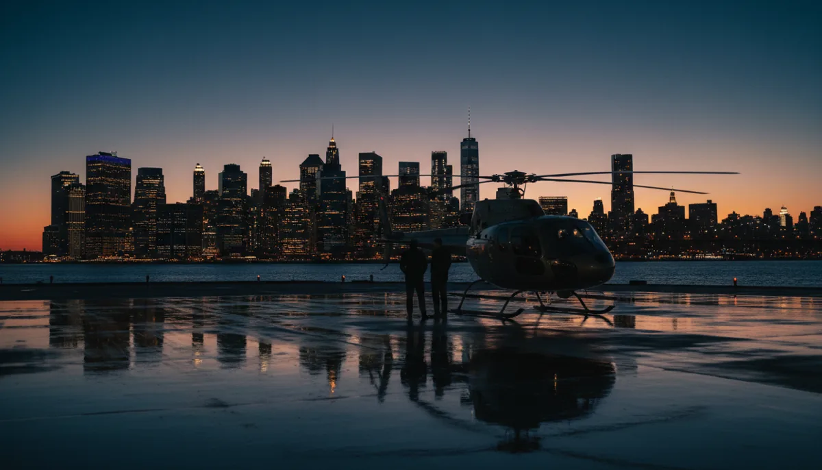 A helicopter on a wet waterfront heliport tarmac in Manhattan, preparing for takeoff at dusk with city lights behind it.