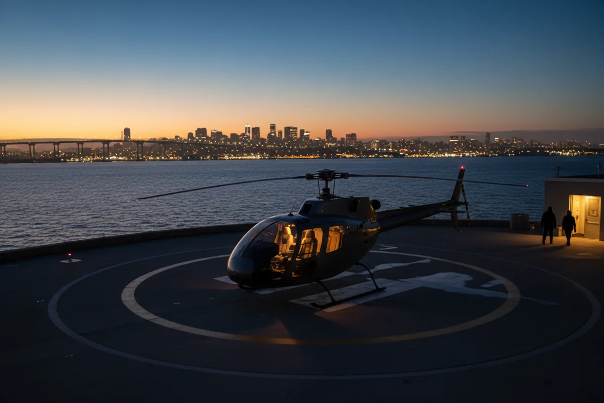 A helicopter on a helipad at dusk, with a city skyline in the background.