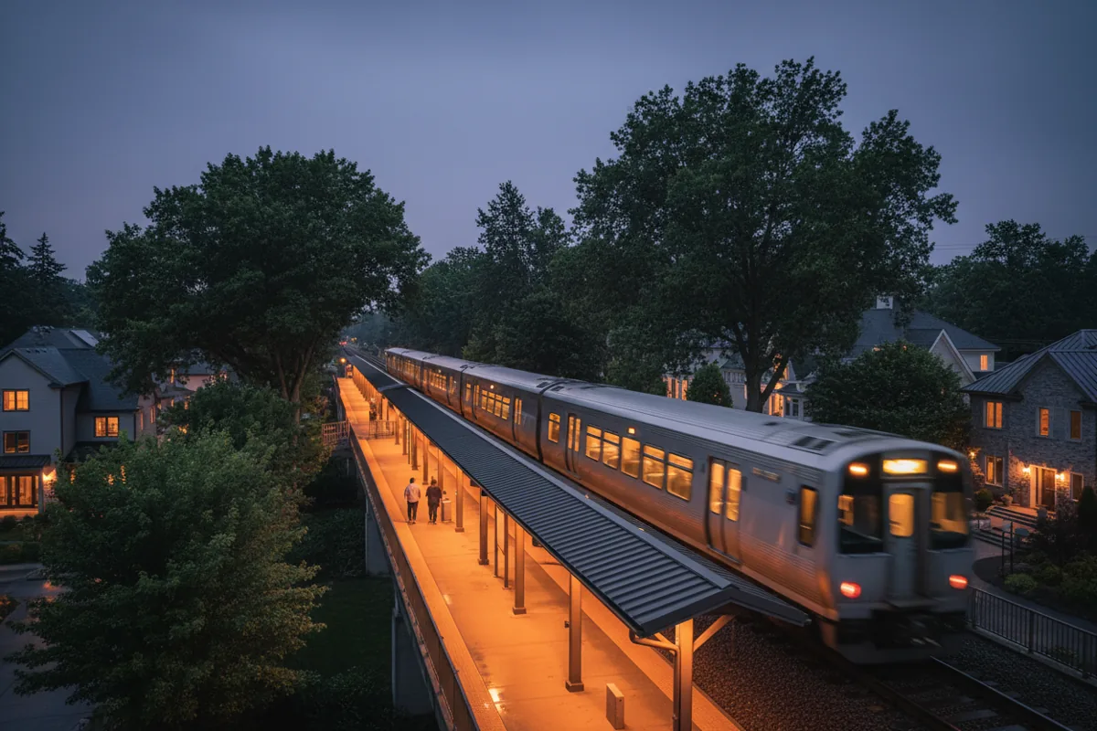 A modern train travels through a suburban station at dusk.