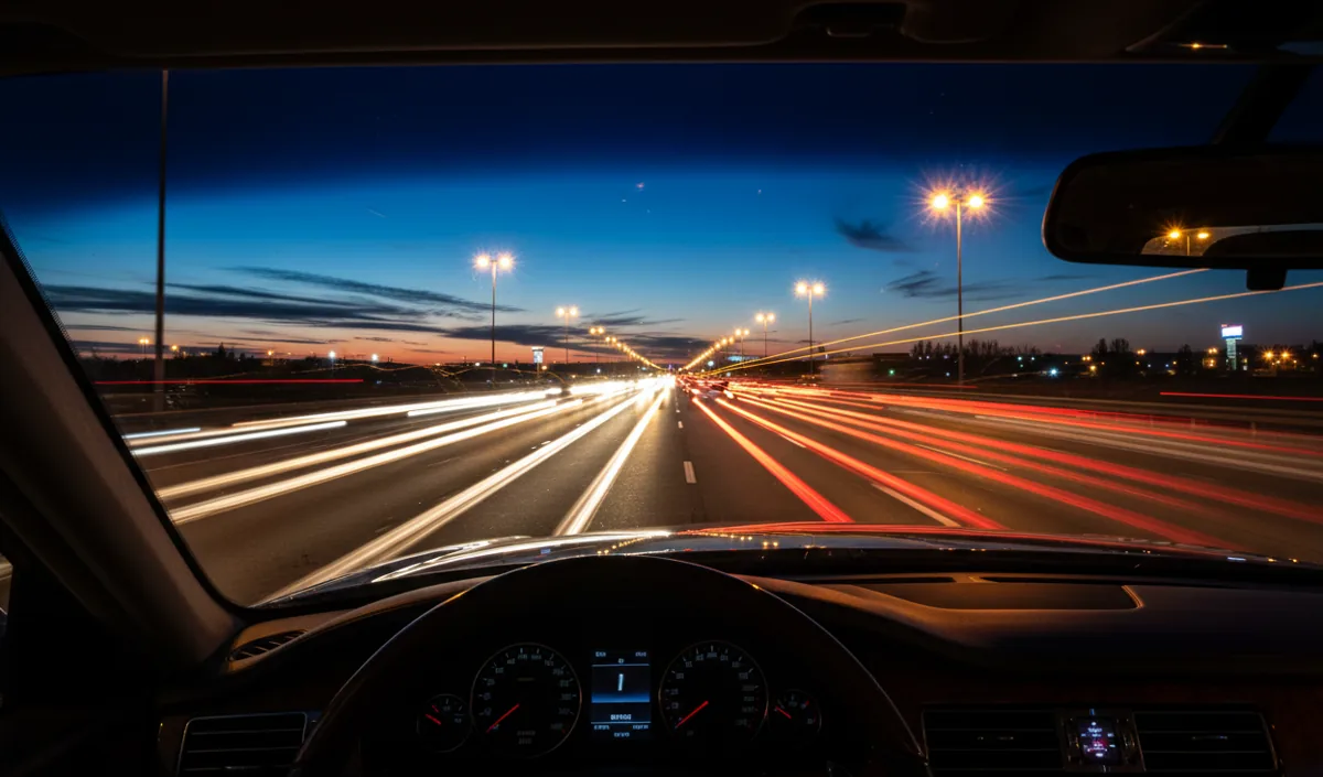 A long-exposure view of highway traffic at night, seen from inside a car.