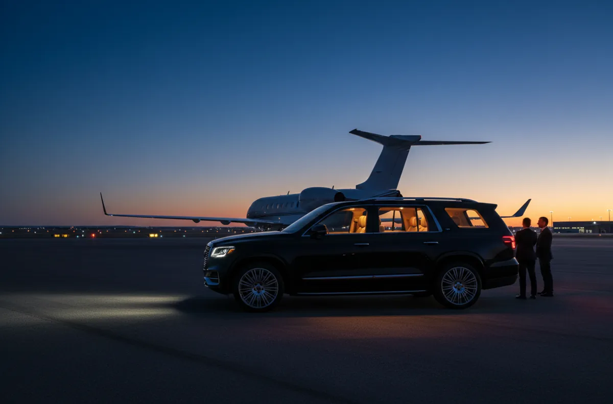 A luxury black SUV waits on an airfield at dusk, with a private jet in the background.