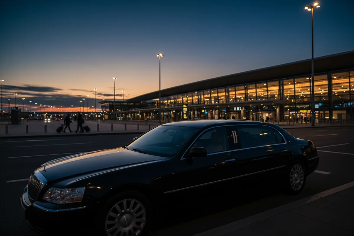 A luxury black sedan waits at an airport terminal curb for a private transfer.