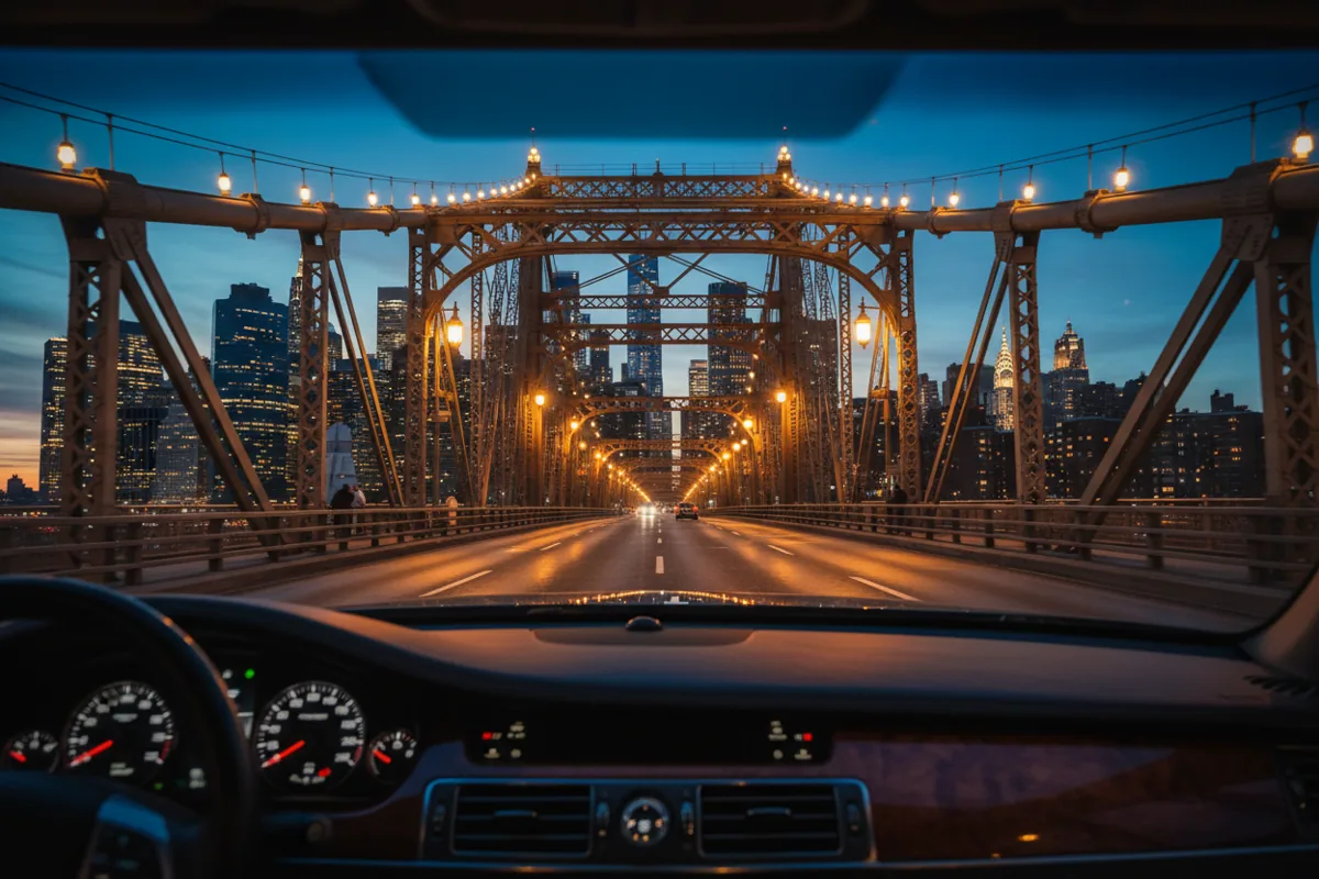 The view of the illuminated Manhattan skyline at night while driving across a bridge.