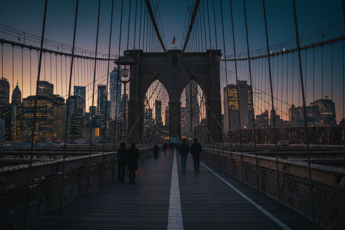 The Brooklyn Bridge walkway at dusk, with the illuminated Manhattan skyline in the background.