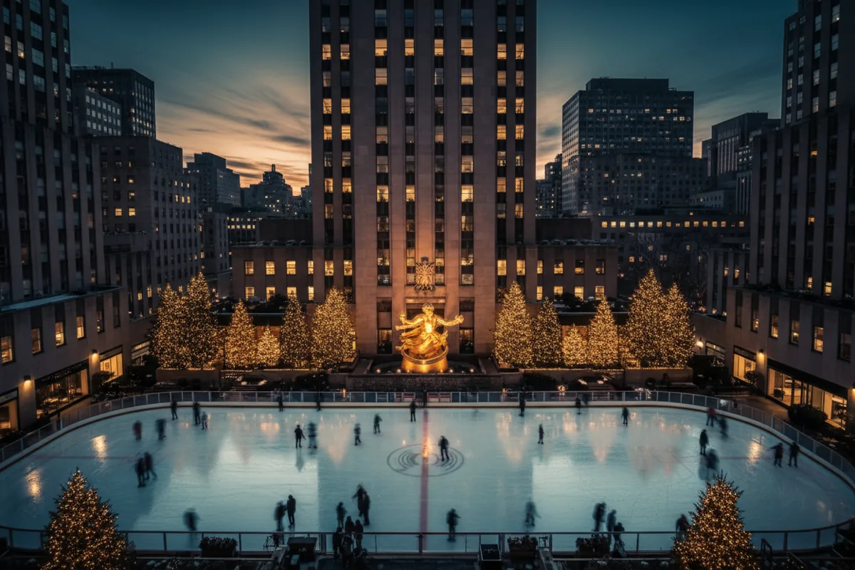 The ice skating rink at Rockefeller Center at dusk, with skaters and the golden Prometheus statue.