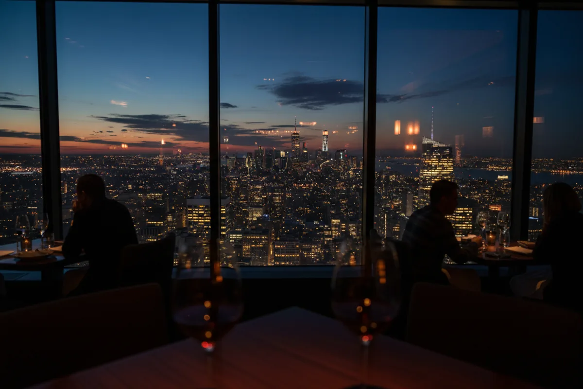 The Manhattan skyline at night viewed from a high-floor restaurant, with two wine glasses in the foreground.