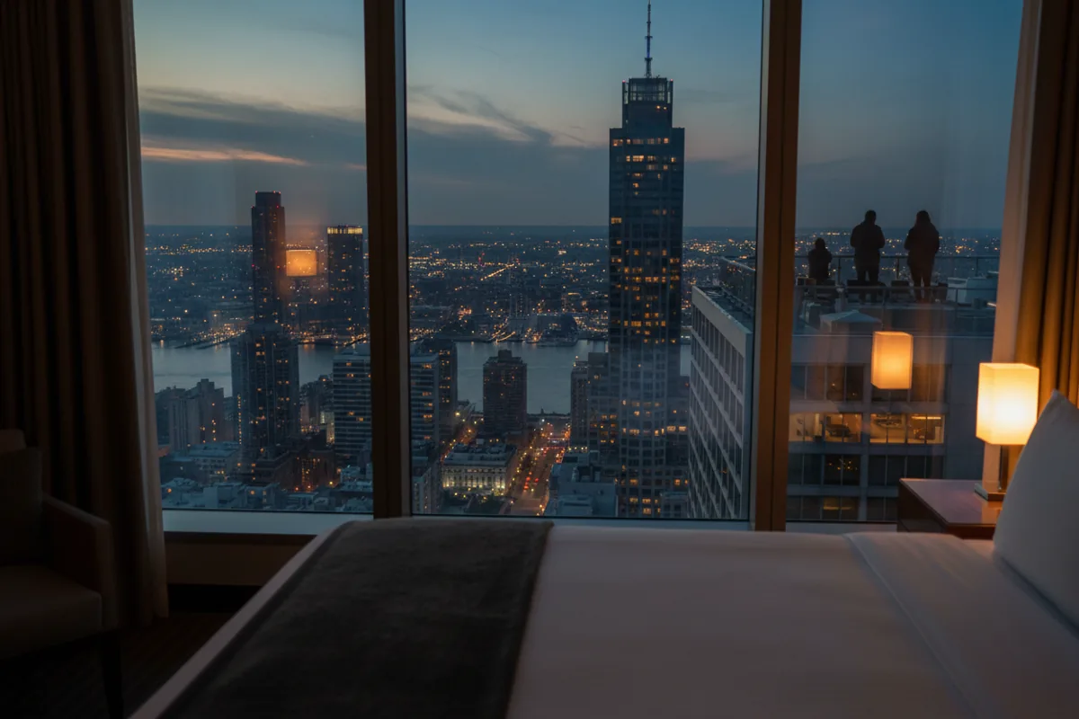 A city skyline at dusk with glowing lights, viewed from a high-floor hotel room.