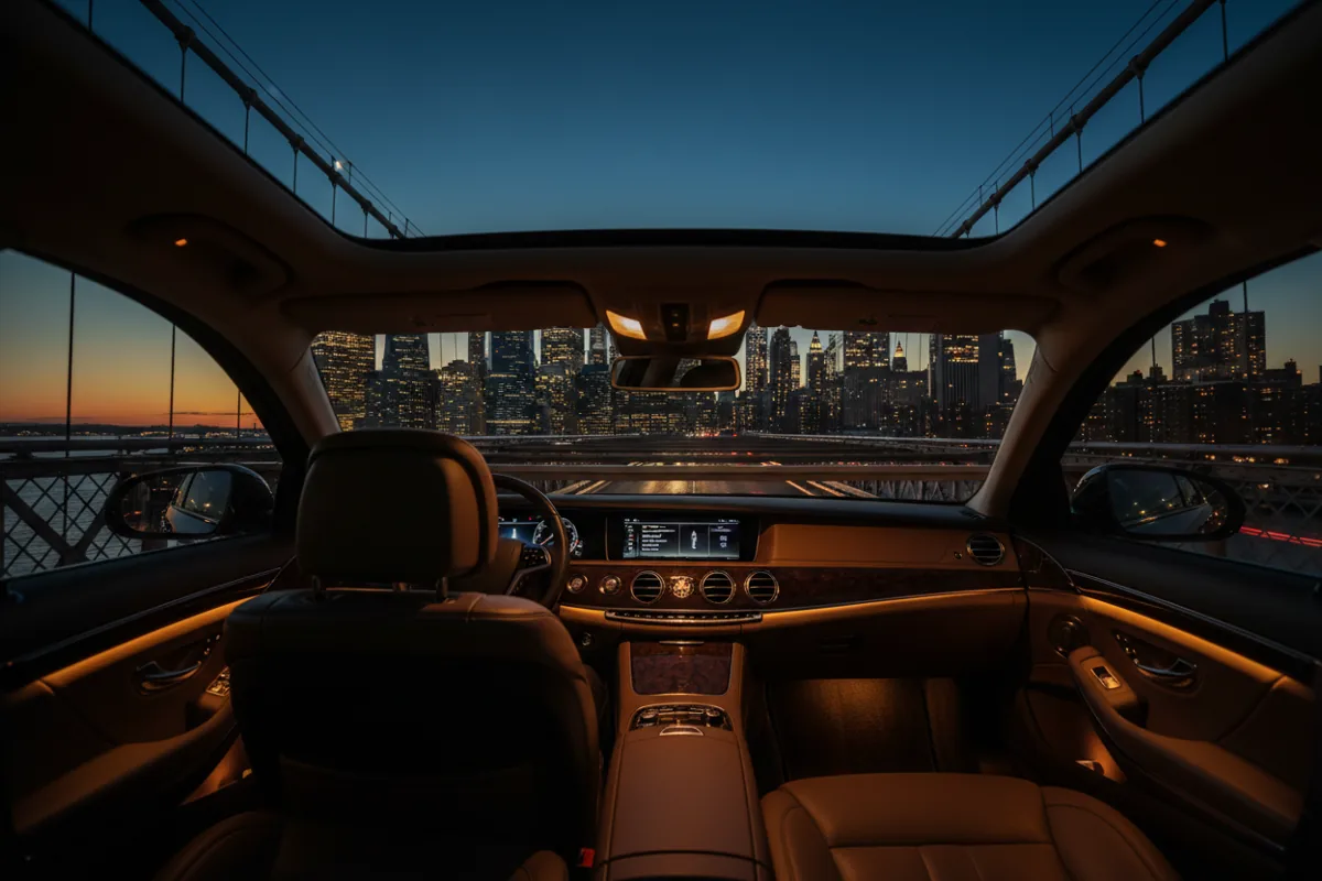 The Manhattan skyline at dusk, viewed from the back seat of a car driving over a bridge.