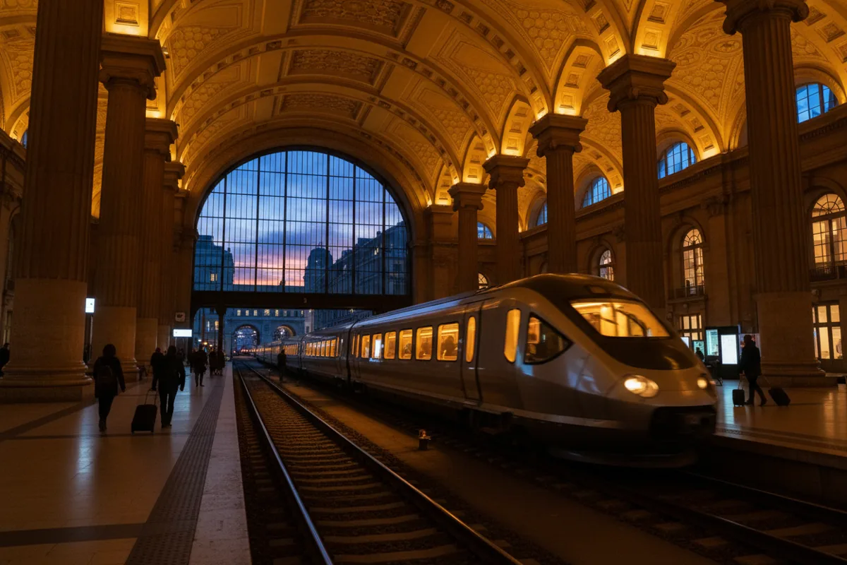 A modern train arrives at a grand, warmly lit train station platform at dusk.