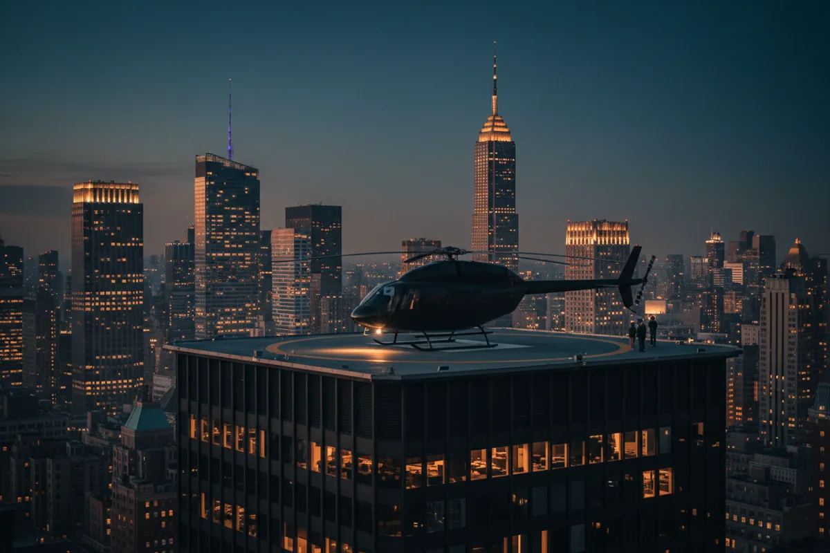 A helicopter on a rooftop helipad at dusk, surrounded by glowing city skyscrapers.