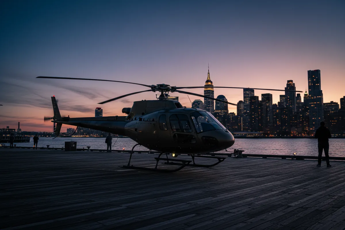 A twin-engine helicopter on a Hudson River heliport pier with the Midtown Manhattan skyline and Empire State Building at blue hour.