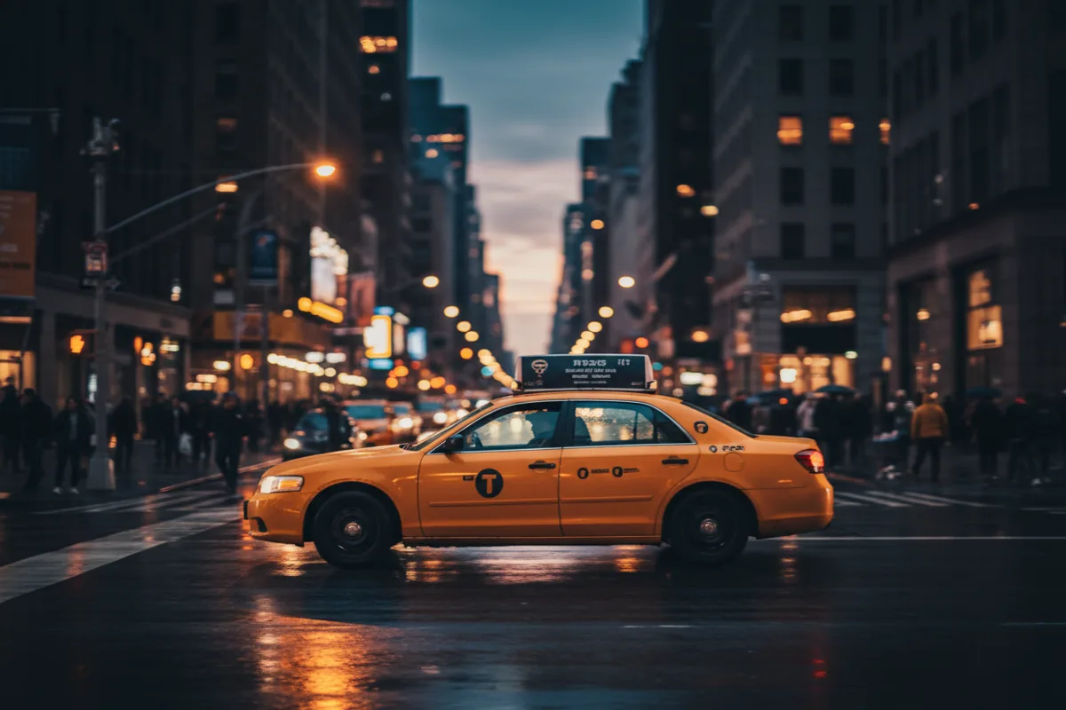 A yellow taxi on a wet Manhattan avenue at night with city lights blurred into soft bokeh.