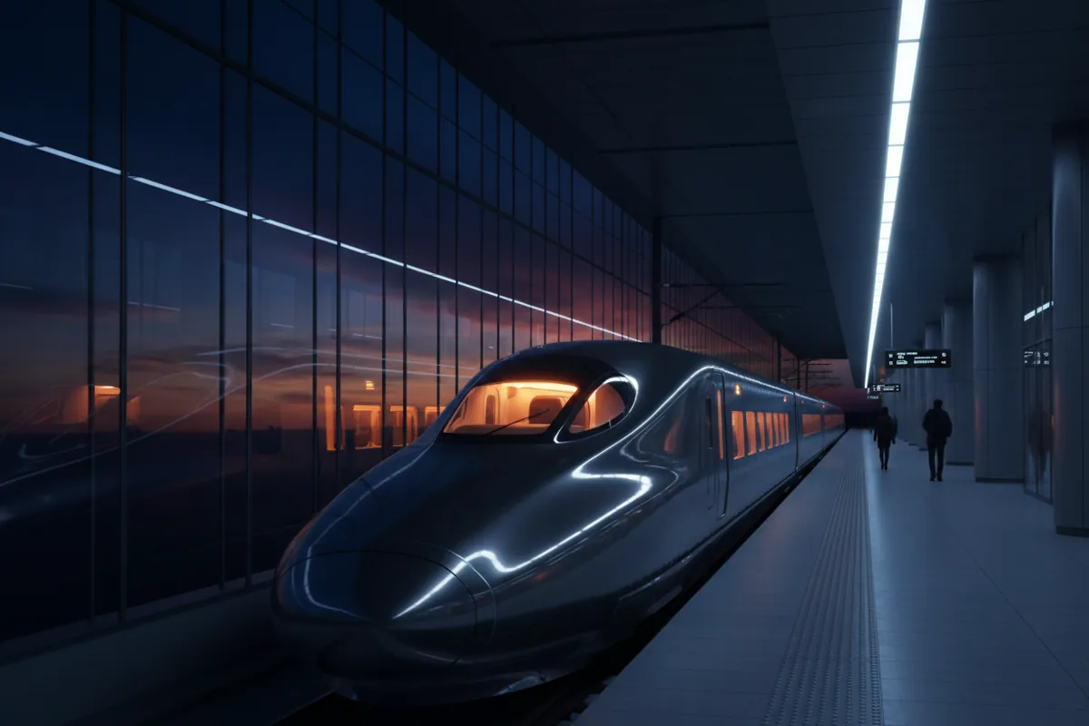A modern train arriving at a station platform at dusk.