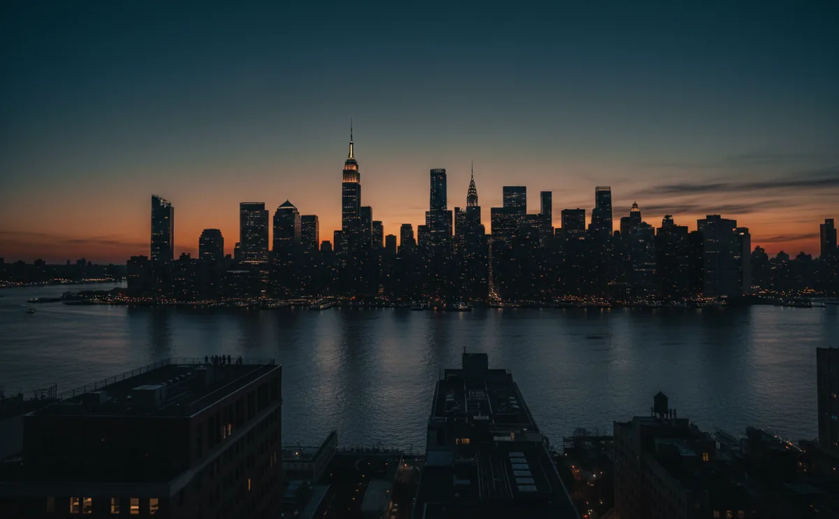 Aerial view of the Midtown Manhattan skyline from a helicopter on a clear day.