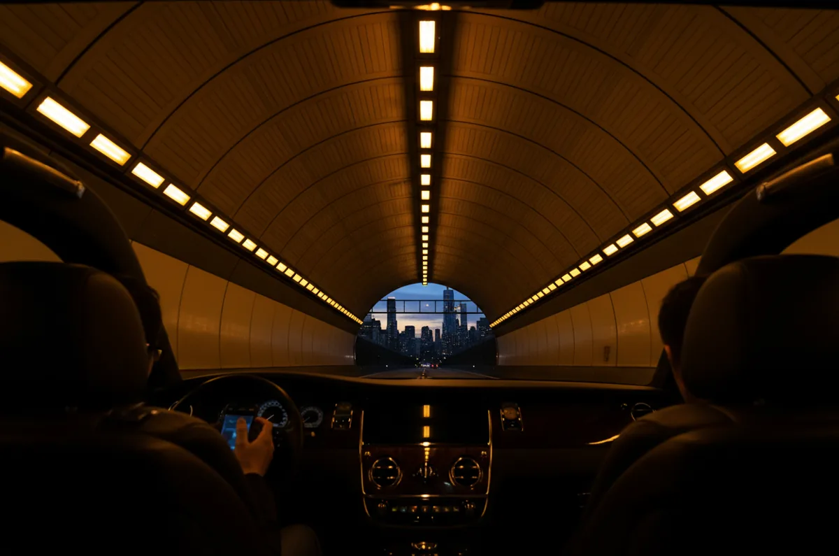 View from inside a car driving through a warmly lit tunnel towards a city at night.