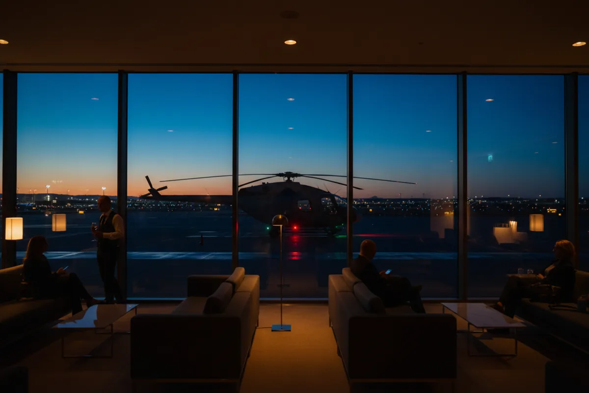 A helicopter seen through the window of a modern airport lounge at dusk.