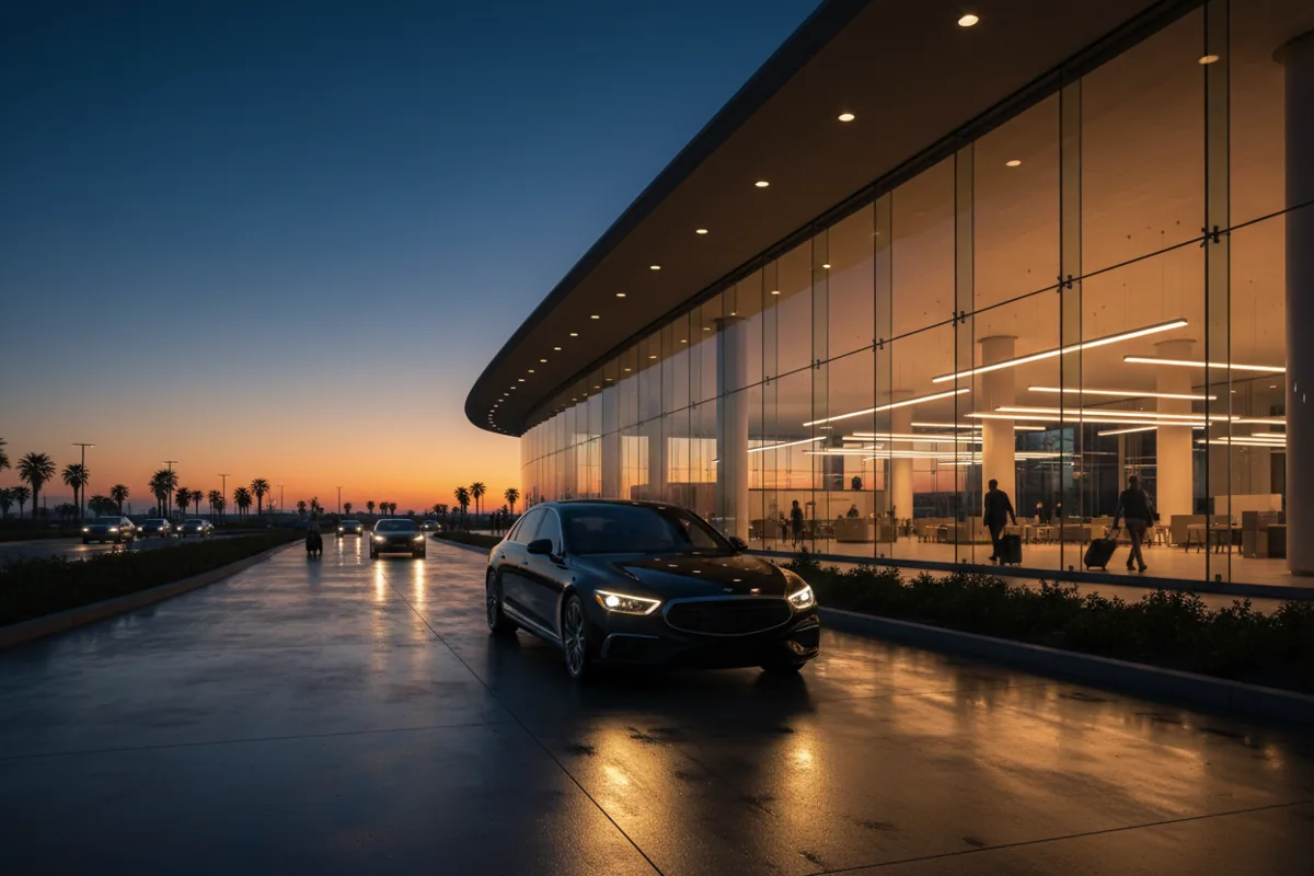 A black luxury car waits for a passenger at an airport terminal curb at night.