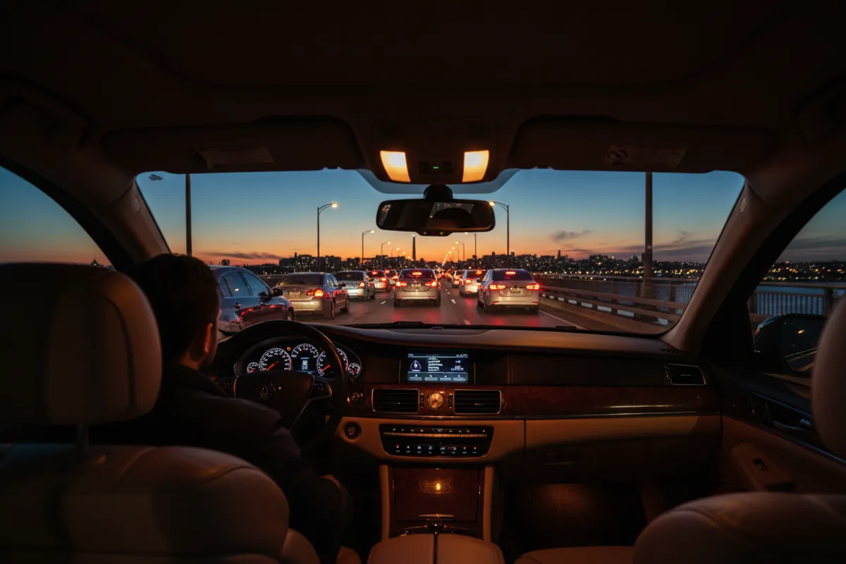View through a car windshield of heavy traffic and red taillights on a highway at dusk.