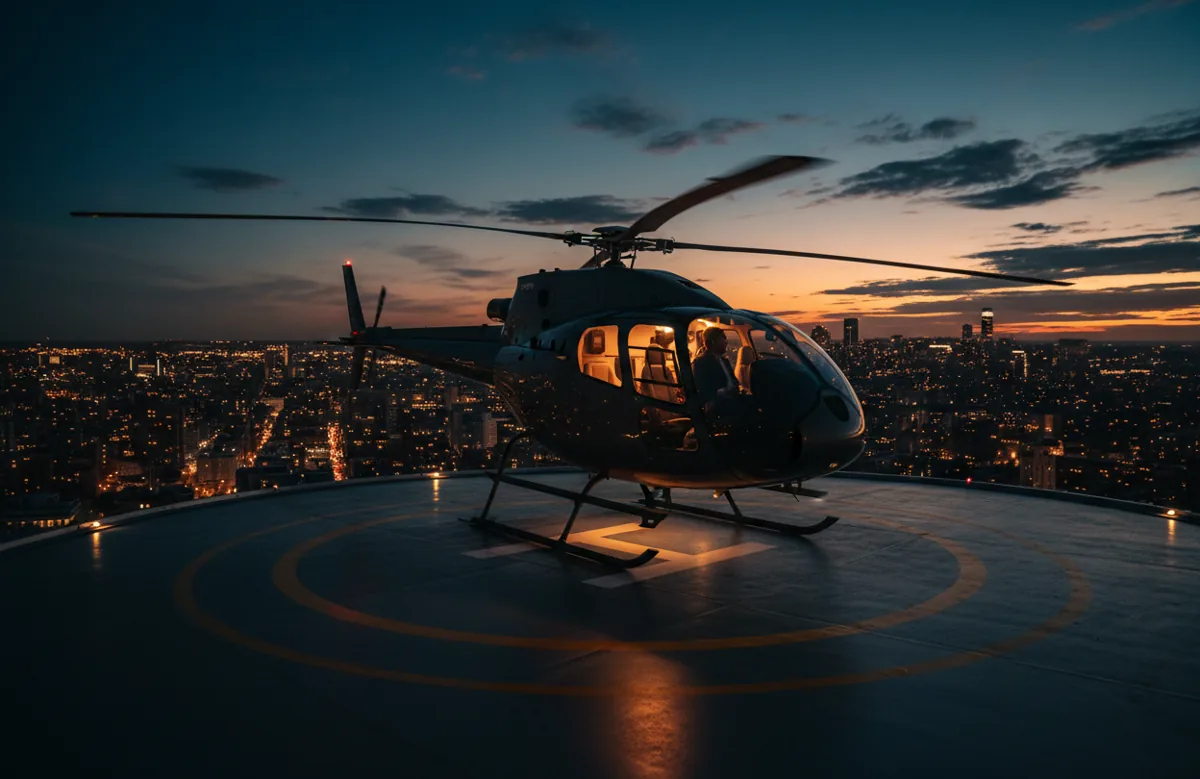 A helicopter on a Manhattan rooftop helipad at twilight, with city lights in the background.