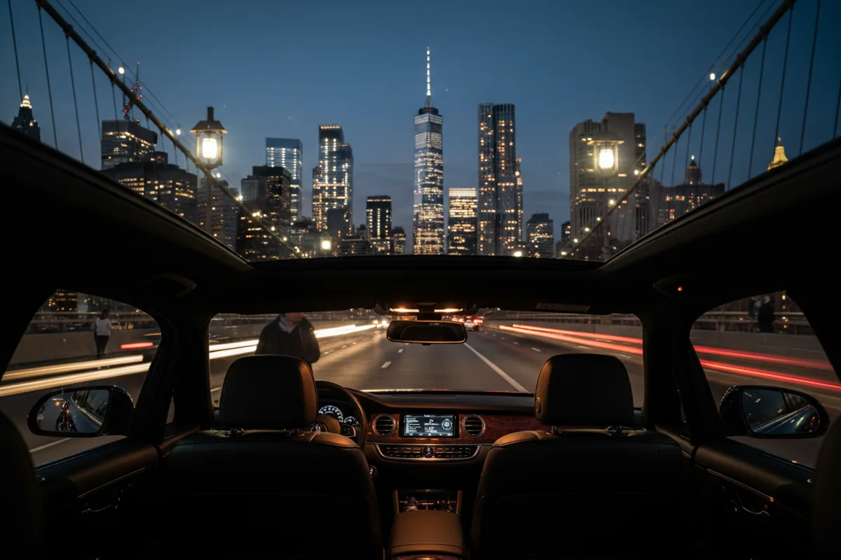 The Manhattan skyline viewed from inside a car driving over a bridge at night.