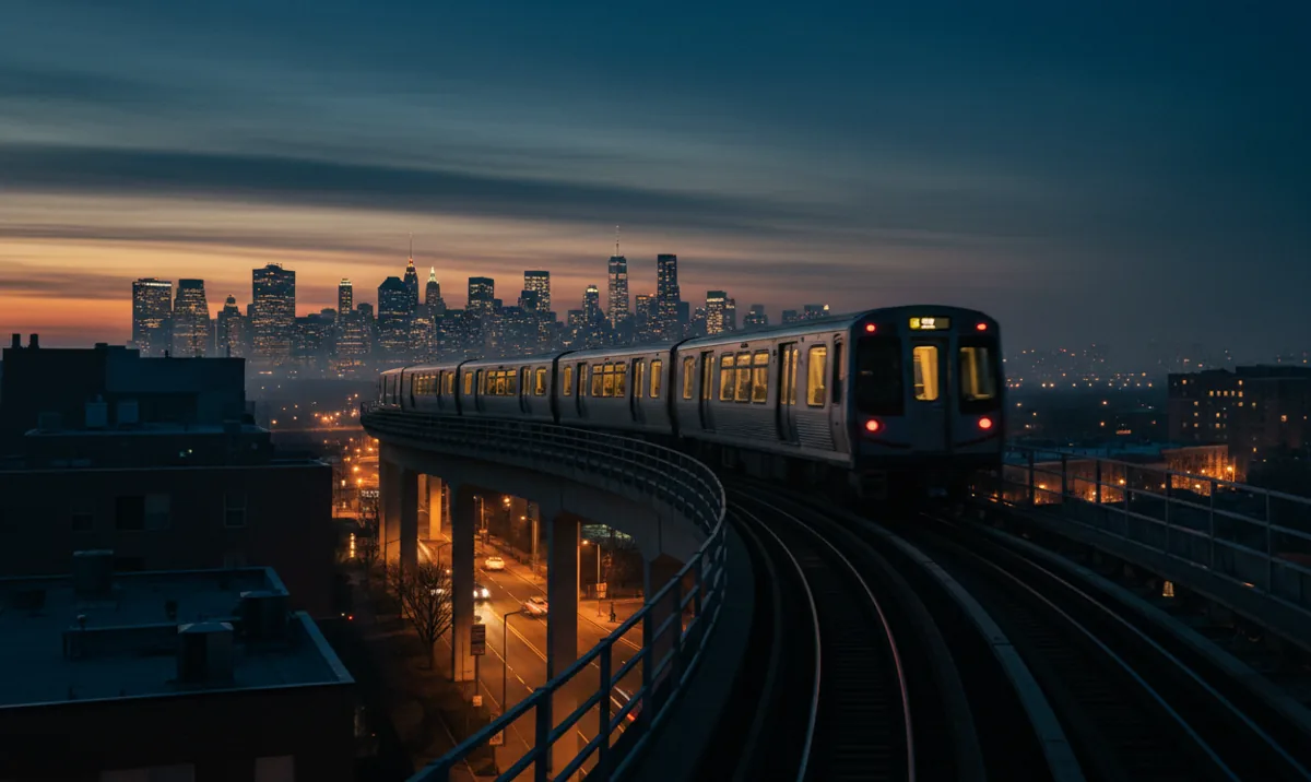 A modern train traveling on an elevated track at dusk with city lights in the distance.