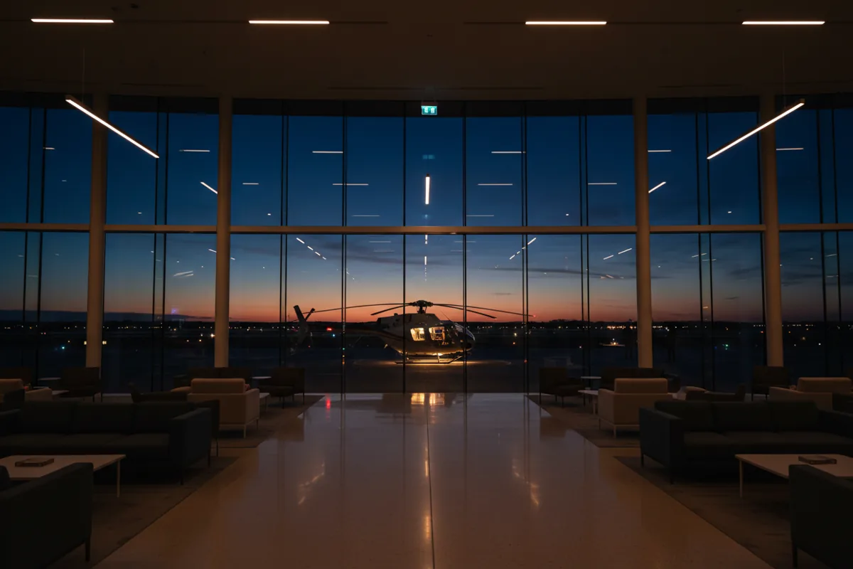 A modern airport lounge with large windows overlooking a helicopter on a helipad at dusk.