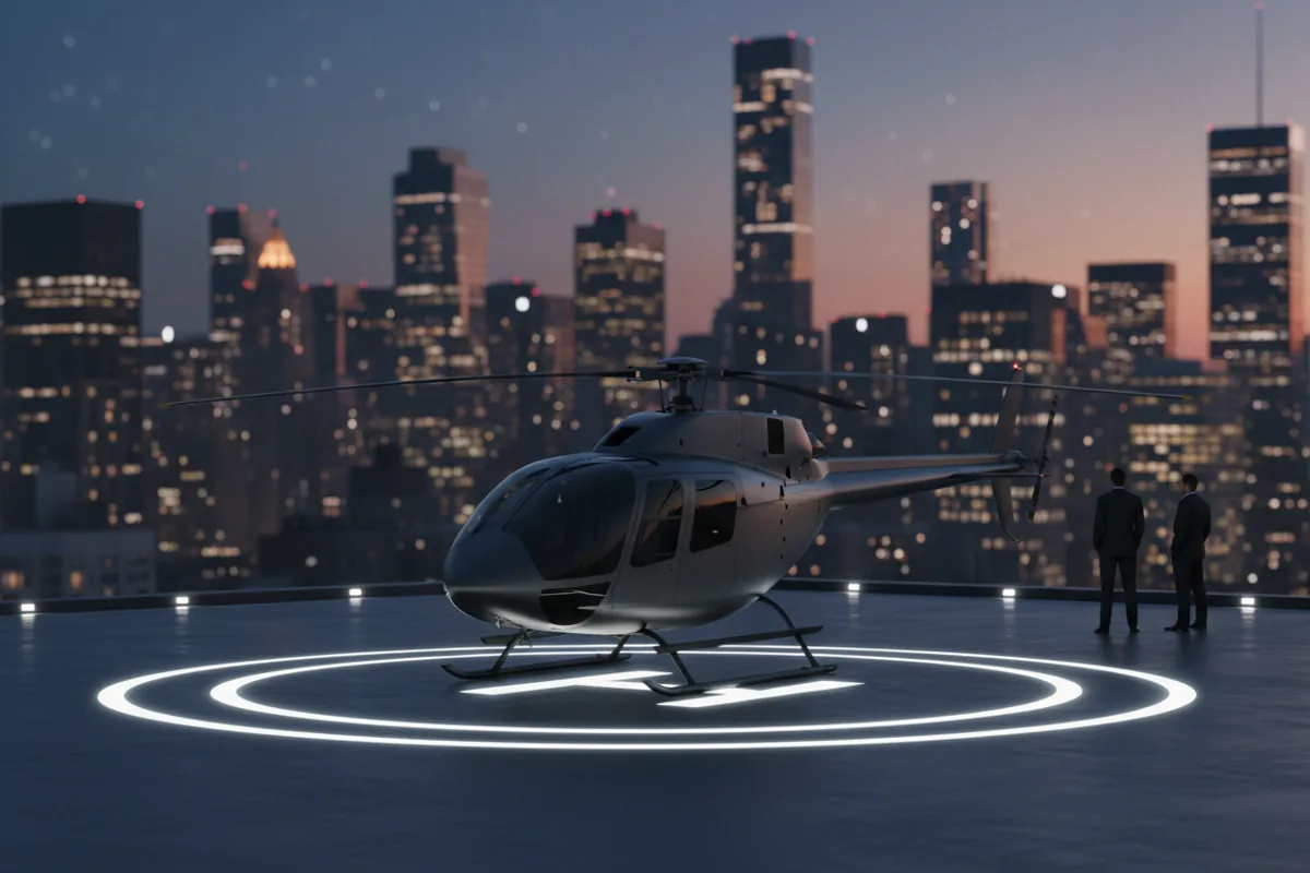A helicopter on a rooftop helipad at dusk with the New York City skyline in the background.