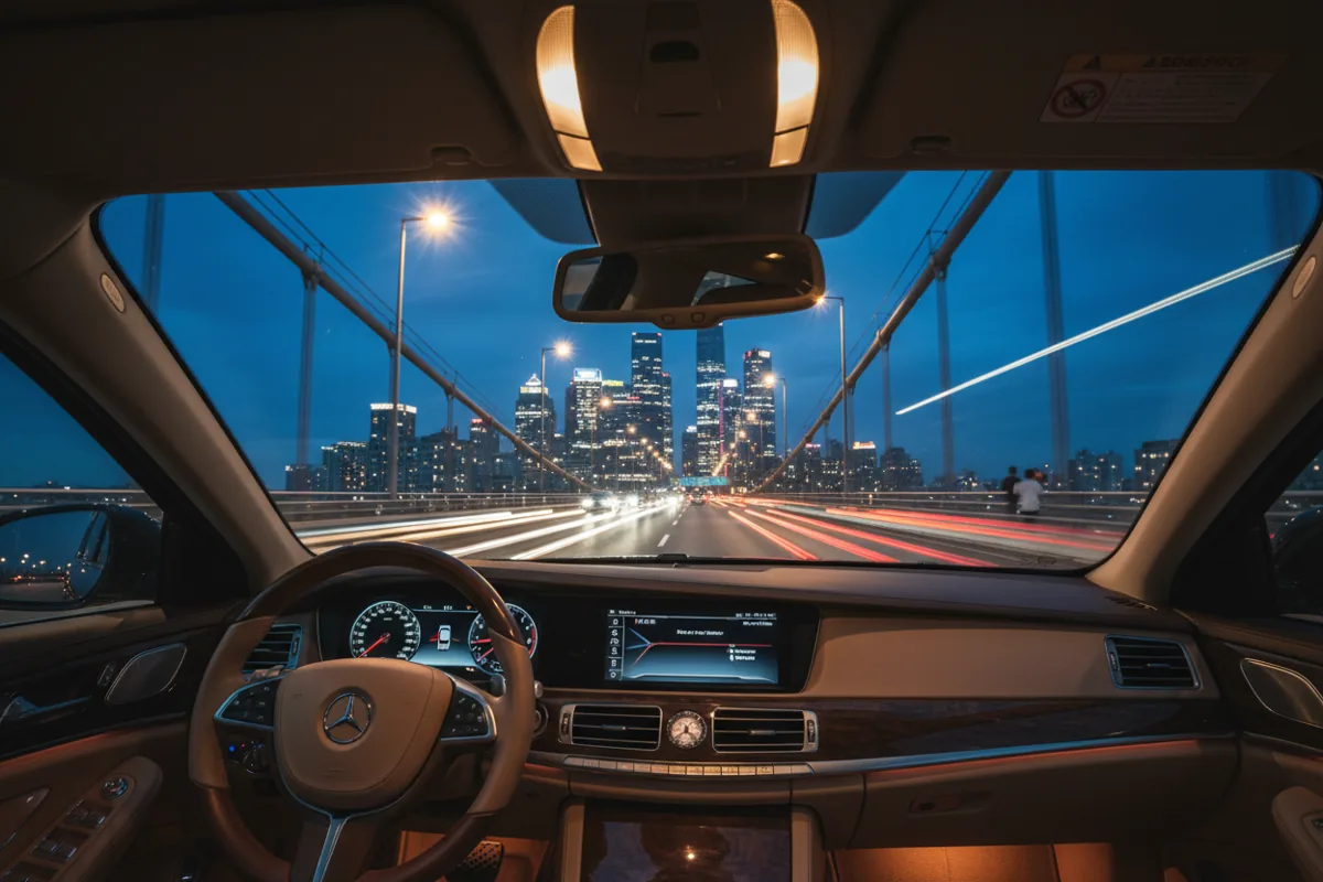 The view from a car driving over a bridge towards a city skyline at dusk.