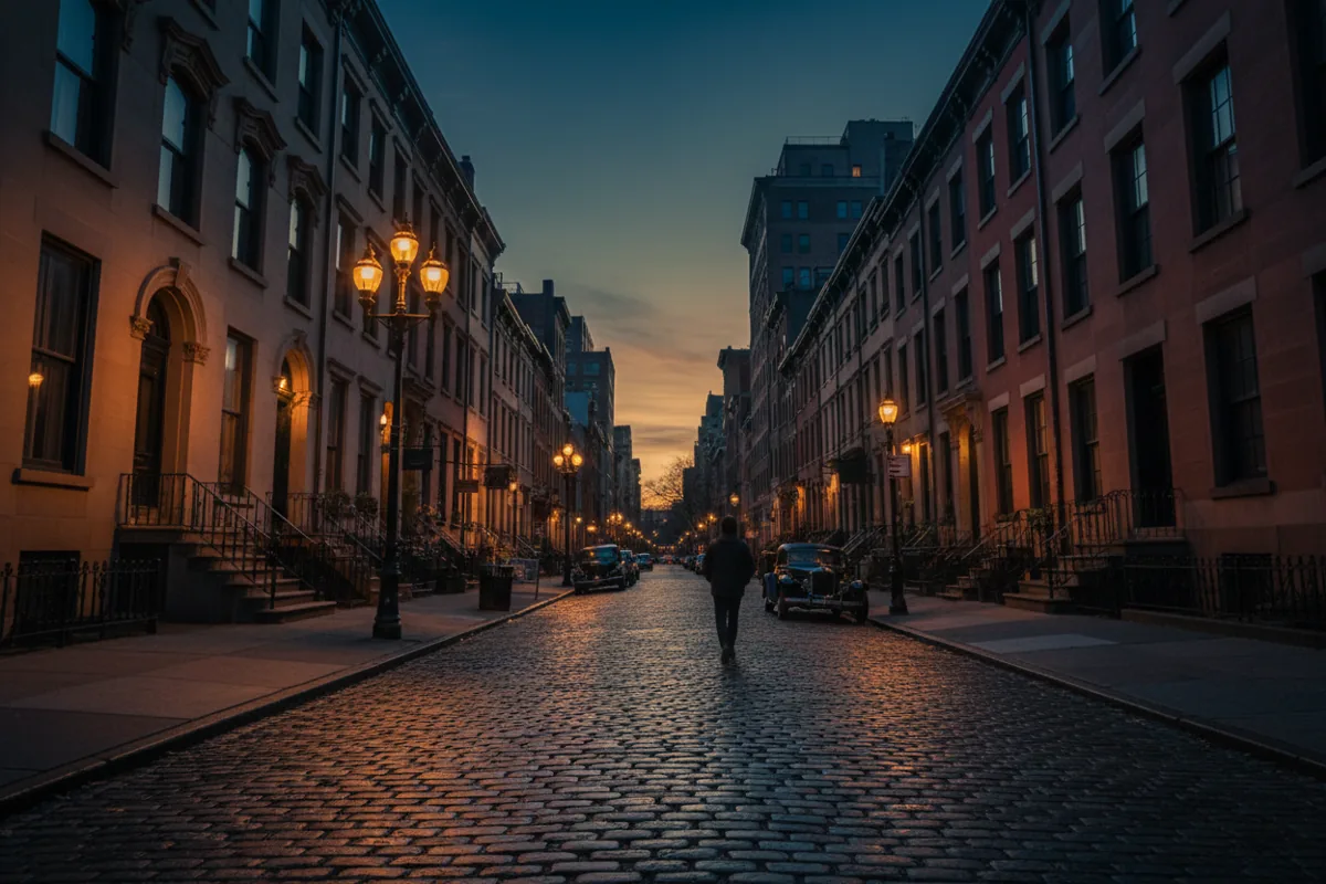 A cobblestone street with brownstone buildings and glowing lights in New York City at twilight.