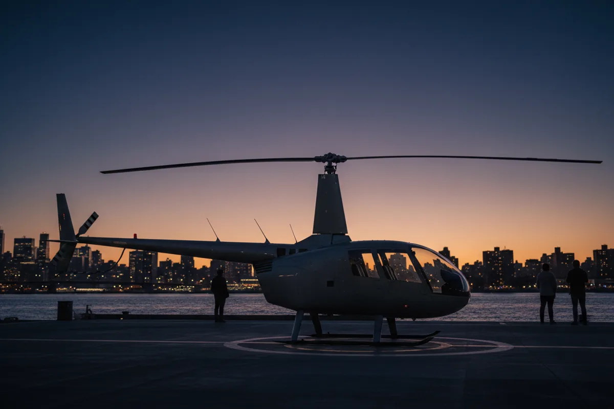 A twin-engine helicopter parked on a Manhattan heliport pier at sunset with the East River behind it.