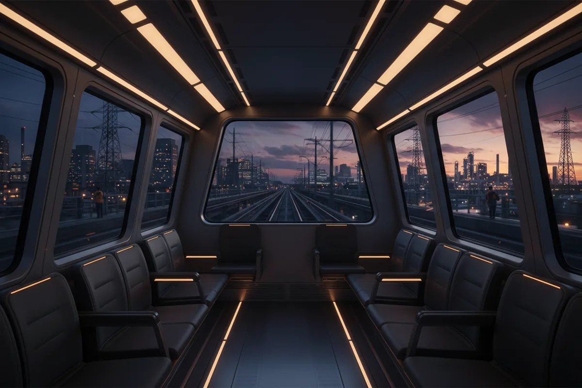 The view from a modern train window at dusk, showing an industrial landscape with lights.