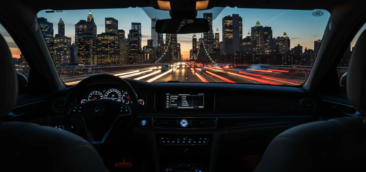 The Manhattan skyline at night seen from the back seat of a car driving over a bridge.