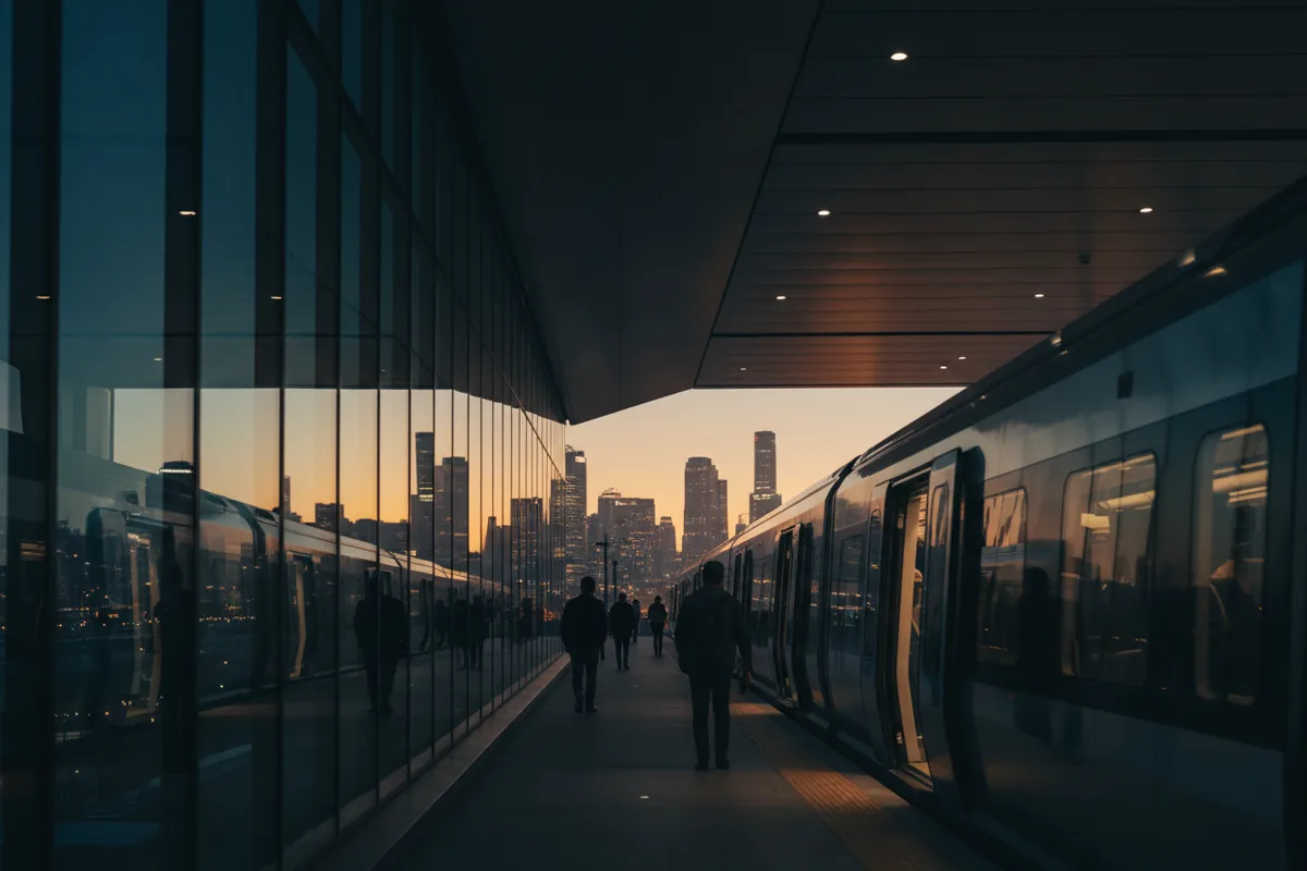 A modern commuter train arrives at a station platform at dusk, with a city skyline in the background.
