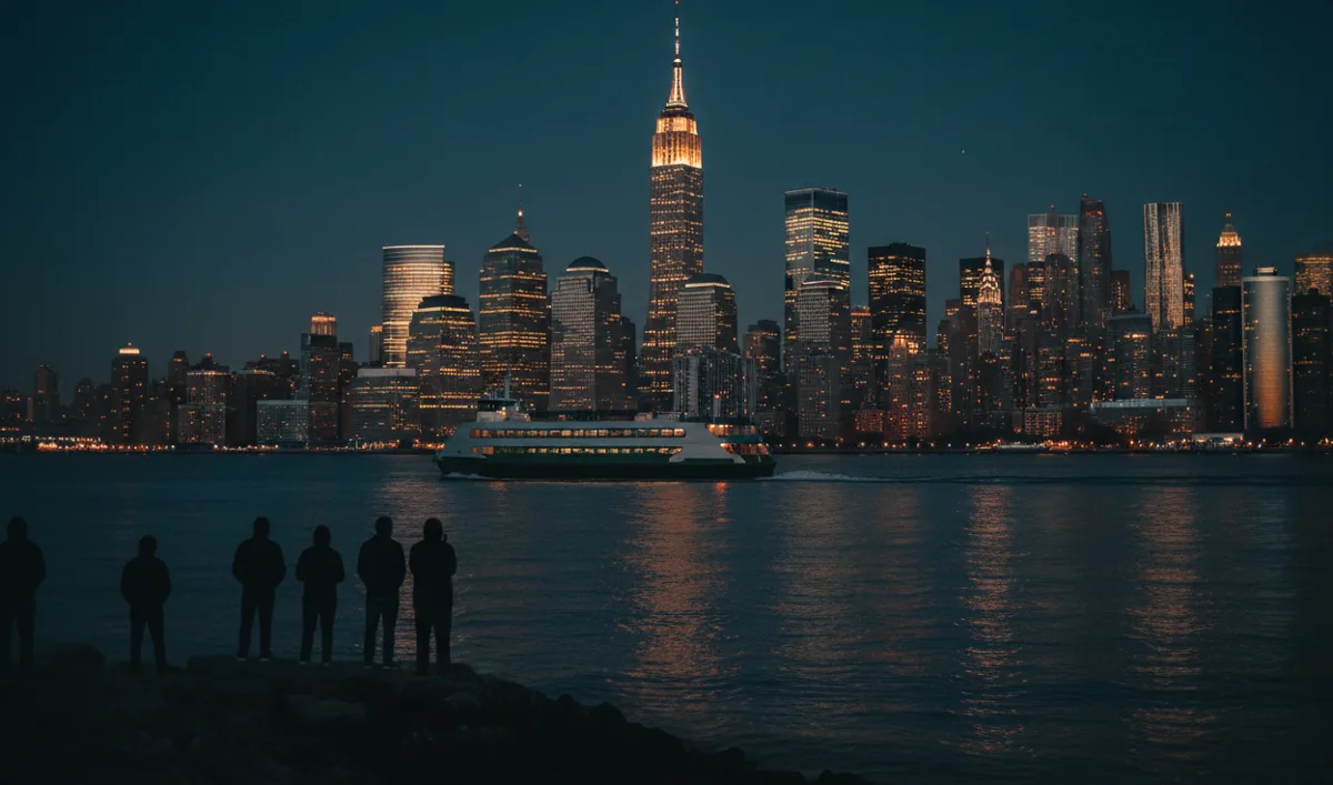 A ferry crosses the Hudson River at dusk, heading toward the illuminated Manhattan skyline.